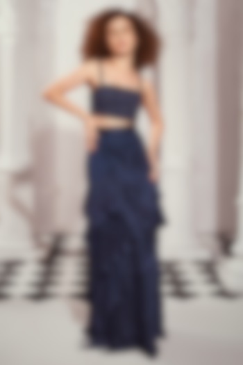 Navy Blue Silk Satin Layered Skirt by Nikita Mhaisalkar at Pernia's Pop Up Shop