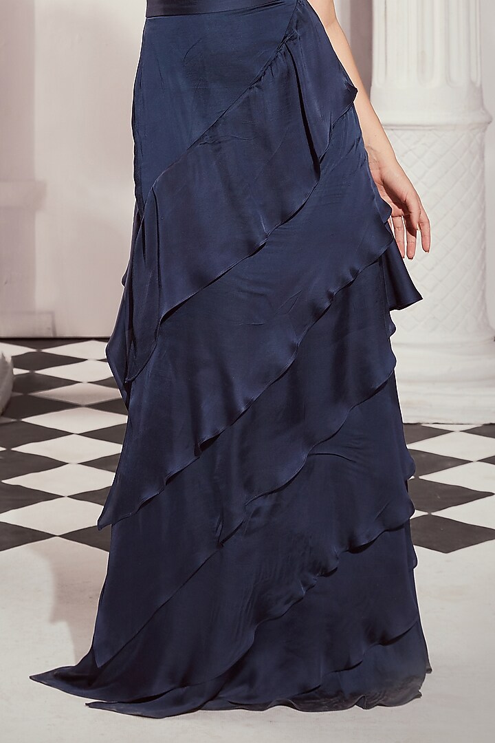 Navy Blue Silk Satin Layered Skirt by Nikita Mhaisalkar at Pernia's Pop Up Shop