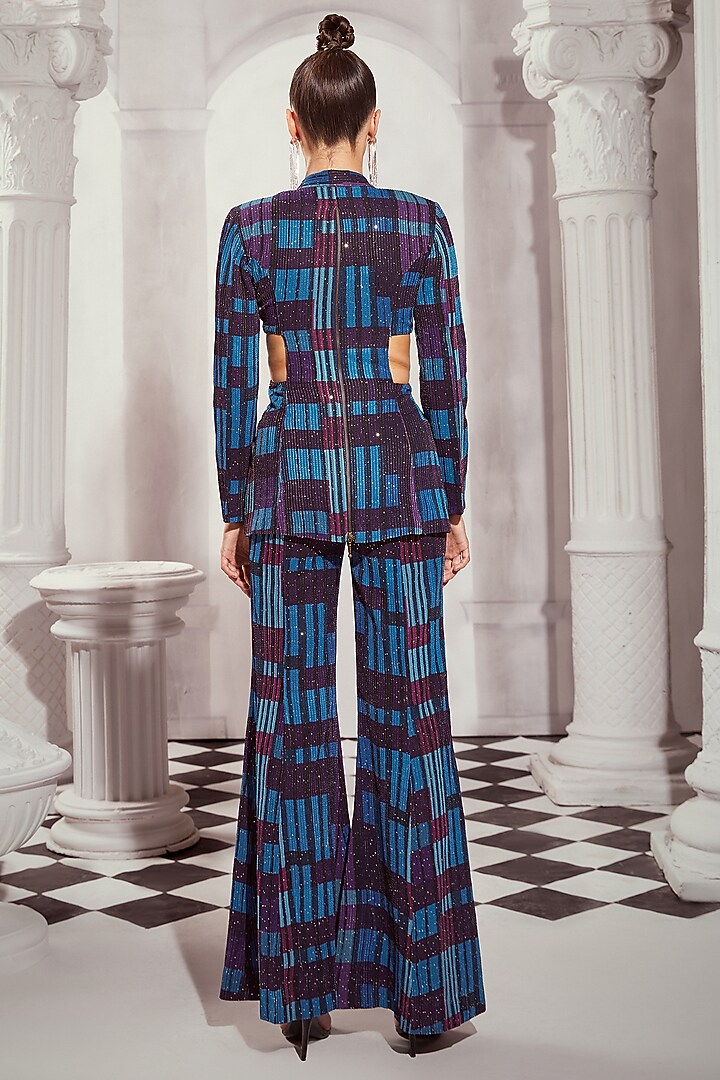 Blue Sequin Pure Georgette Digital Printed Cut-Out Blazer Set by Nikita Mhaisalkar at Pernia's Pop Up Shop