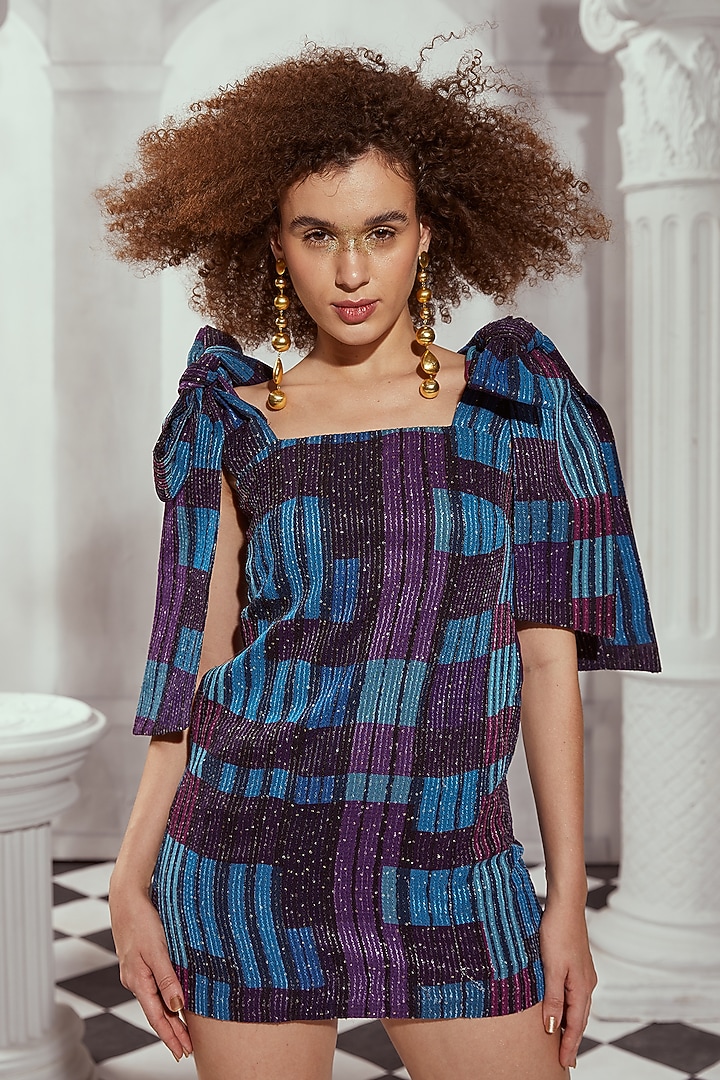 Blue Sequin Pure Georgette Printed Mini Vacation Dress by Nikita Mhaisalkar at Pernia's Pop Up Shop