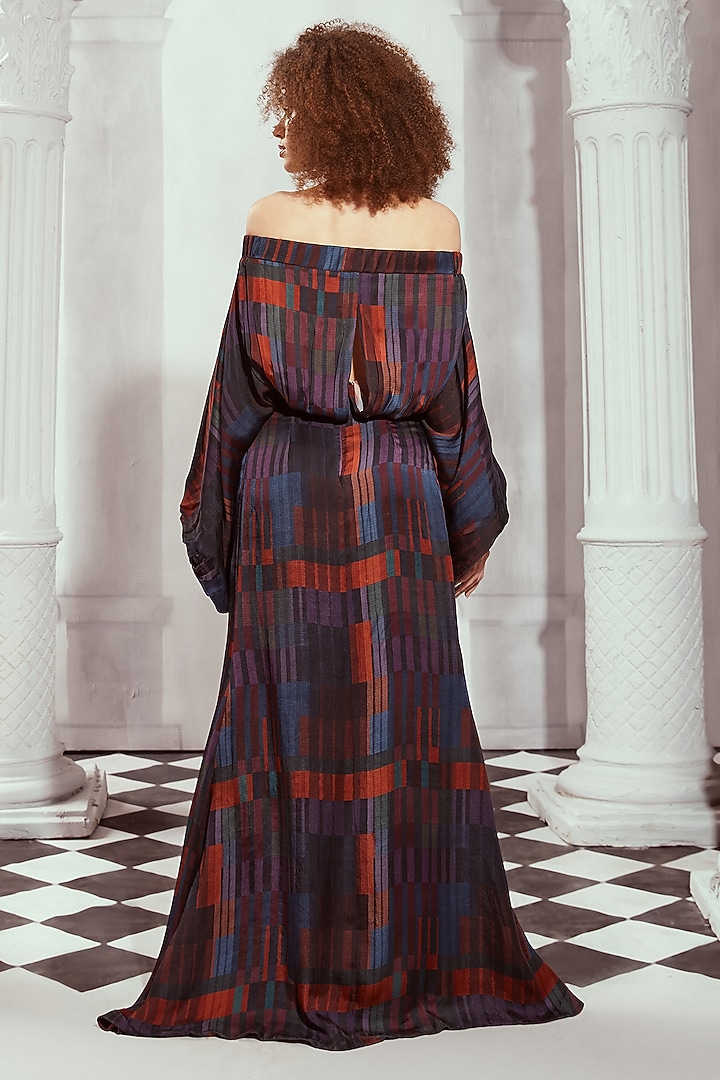 Multi-Colored Silk Satin Printed Off-Shoulder Cocktail Dress by Nikita Mhaisalkar at Pernia's Pop Up Shop