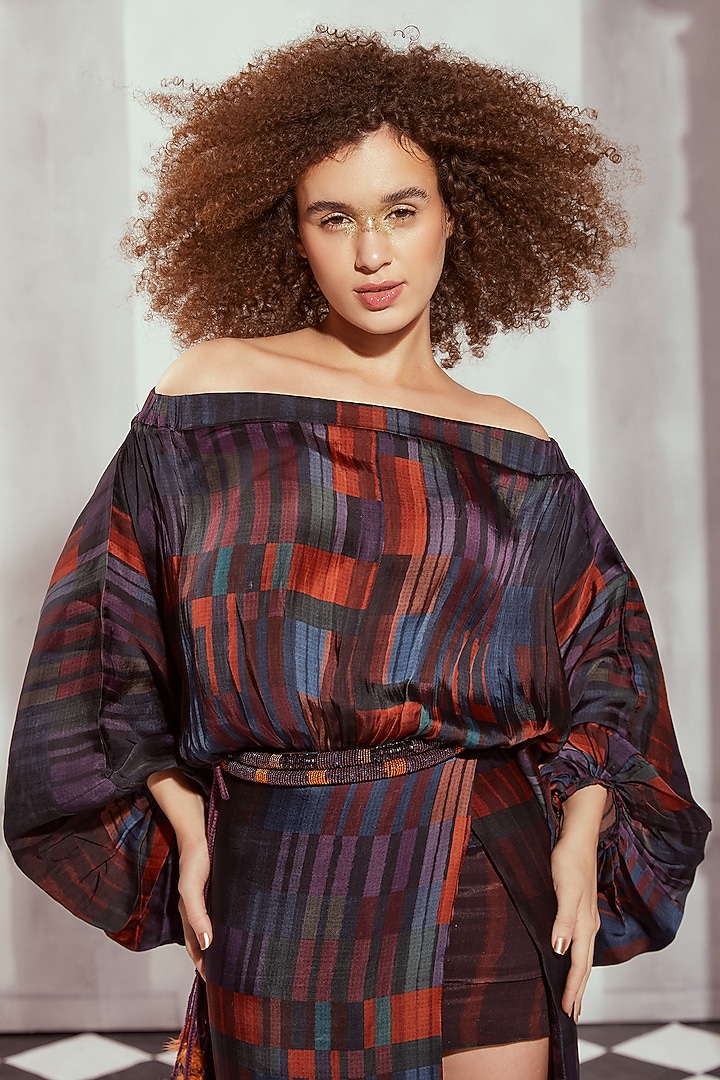 Multi-Colored Silk Satin Printed Off-Shoulder Cocktail Dress by Nikita Mhaisalkar at Pernia's Pop Up Shop