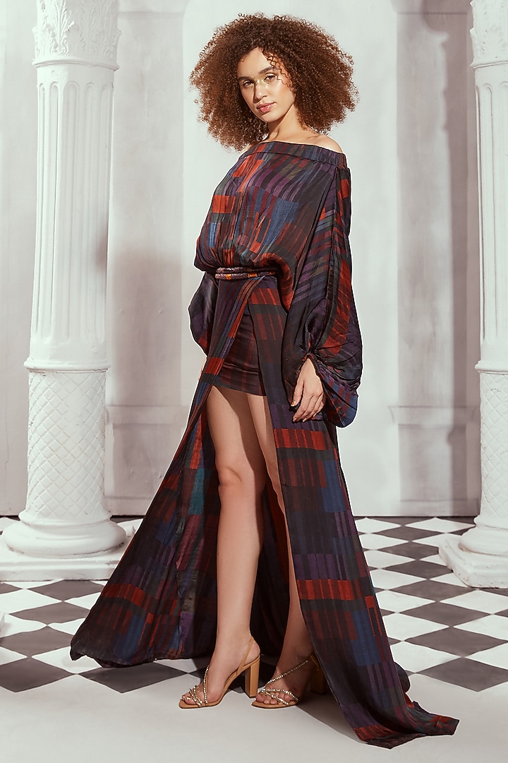 Multi-Colored Silk Satin Printed Off-Shoulder Cocktail Dress by Nikita Mhaisalkar at Pernia's Pop Up Shop
