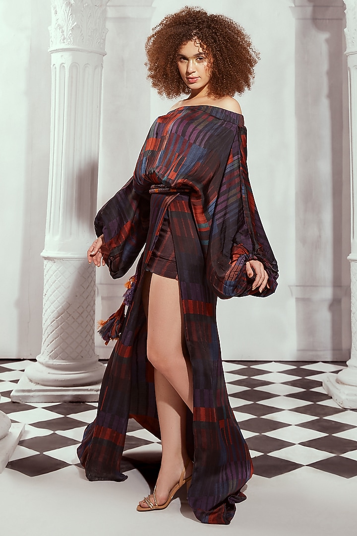 Multi-Colored Silk Satin Printed Off-Shoulder Cocktail Dress by Nikita Mhaisalkar at Pernia's Pop Up Shop