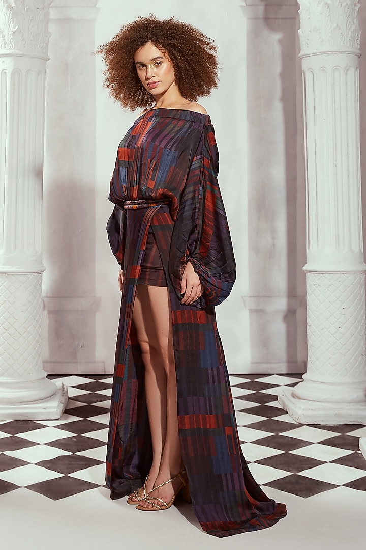 Multi-Colored Silk Satin Printed Off-Shoulder Cocktail Dress by Nikita Mhaisalkar at Pernia's Pop Up Shop