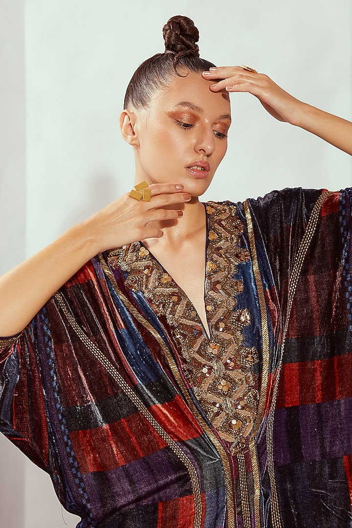 Multi-Colored Silk Velvet Hand Embroidered Kaftan by Nikita Mhaisalkar at Pernia's Pop Up Shop