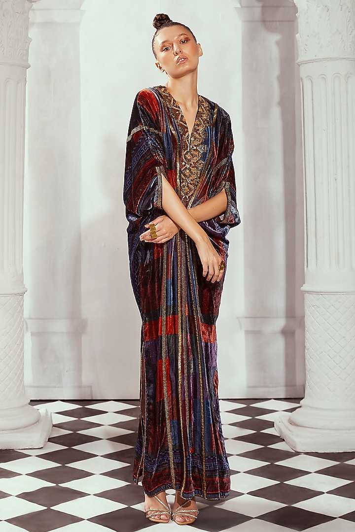 Multi-Colored Silk Velvet Hand Embroidered Kaftan by Nikita Mhaisalkar at Pernia's Pop Up Shop