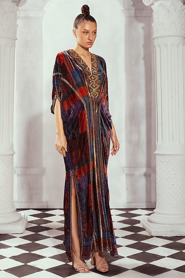 Multi-Colored Silk Velvet Hand Embroidered Kaftan by Nikita Mhaisalkar at Pernia's Pop Up Shop
