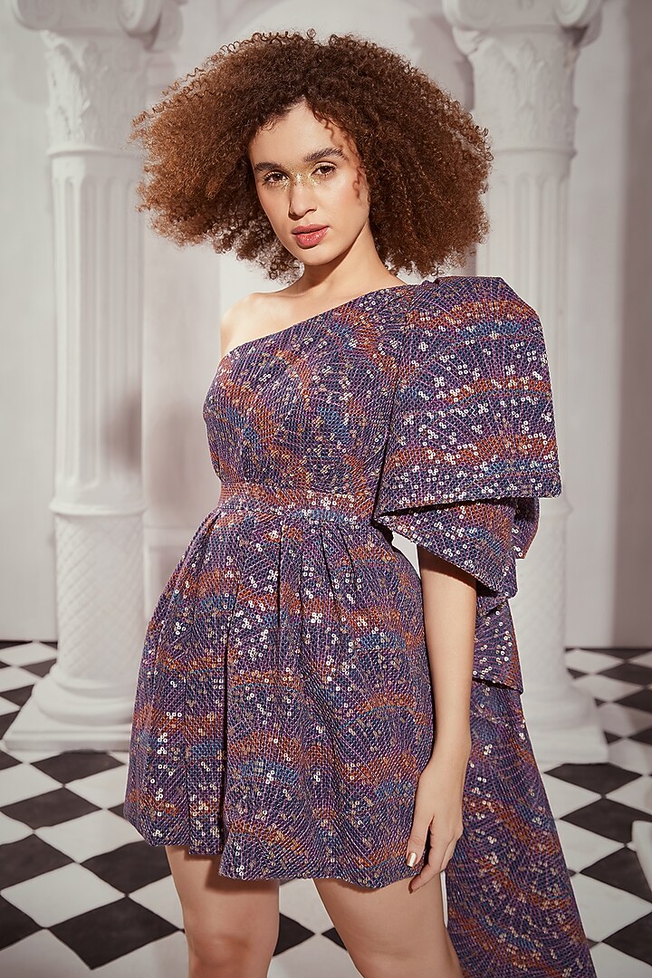 Purple Sheeted Pure Georgette Printed One-Shoulder Mini Cocktail Dress by Nikita Mhaisalkar at Pernia's Pop Up Shop
