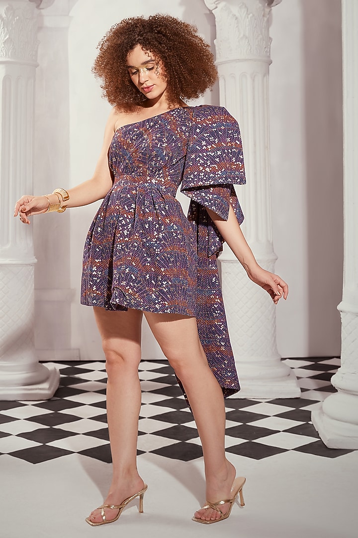 Purple Sheeted Pure Georgette Printed One-Shoulder Mini Cocktail Dress by Nikita Mhaisalkar at Pernia's Pop Up Shop