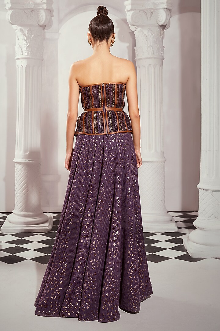 Aubergine Tulle Printed & Thread Embroidered Corset by Nikita Mhaisalkar at Pernia's Pop Up Shop