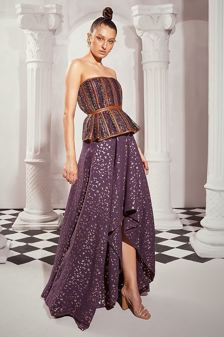 Aubergine Tulle Printed & Thread Embroidered Corset by Nikita Mhaisalkar at Pernia's Pop Up Shop