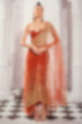 Orange Tulle Aari Embroidered Pre-Draped Saree Set by Nikita Mhaisalkar