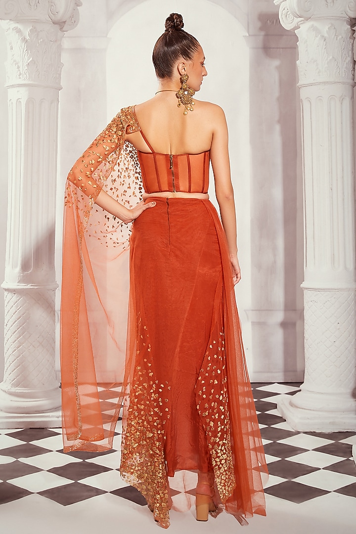 Orange Tulle Aari Embroidered Pre-Draped Reception Saree Set by Nikita Mhaisalkar at Pernia's Pop Up Shop