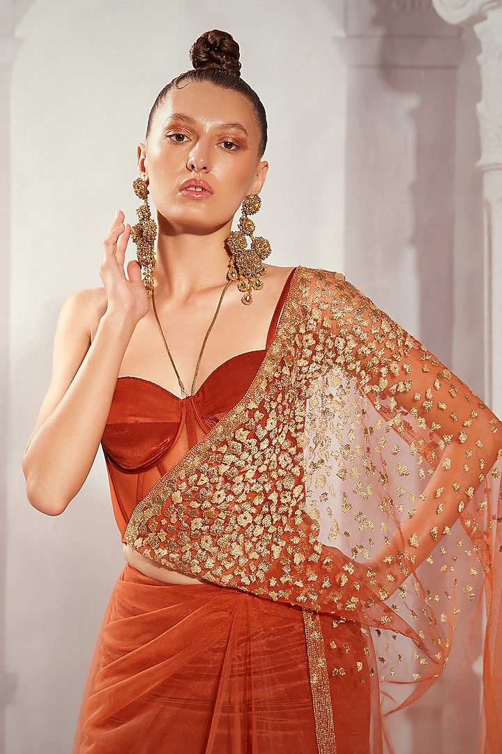 Orange Tulle Aari Embroidered Pre-Draped Reception Saree Set by Nikita Mhaisalkar at Pernia's Pop Up Shop