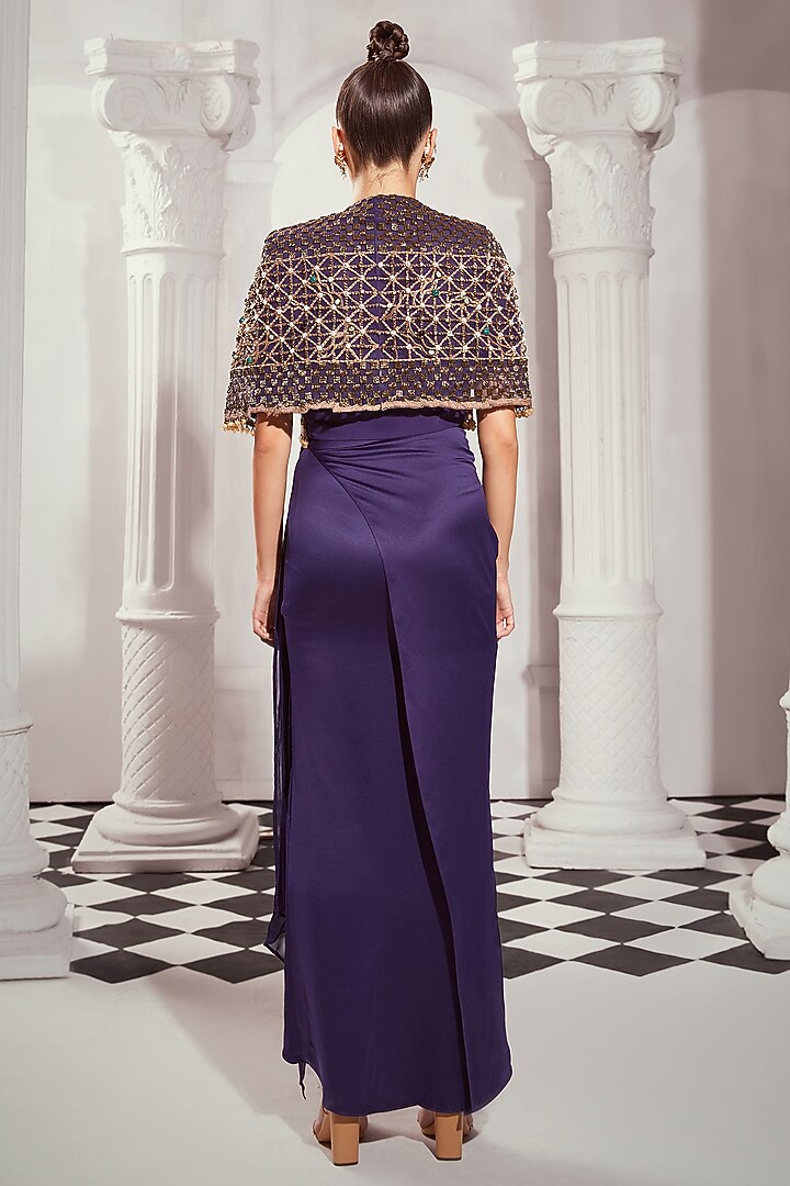 Blue Tulle Pearl Hand Embroidered Cape by Nikita Mhaisalkar at Pernia's Pop Up Shop