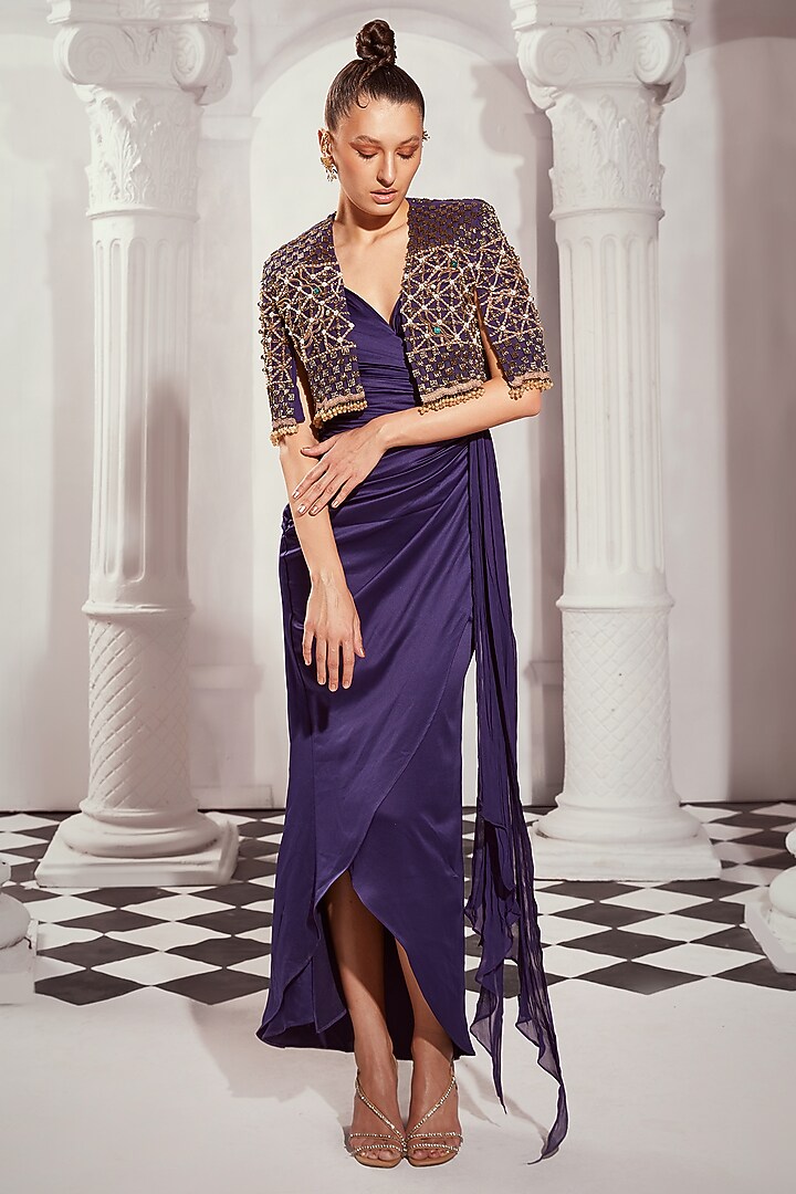 Blue Tulle Pearl Hand Embroidered Cape by Nikita Mhaisalkar at Pernia's Pop Up Shop