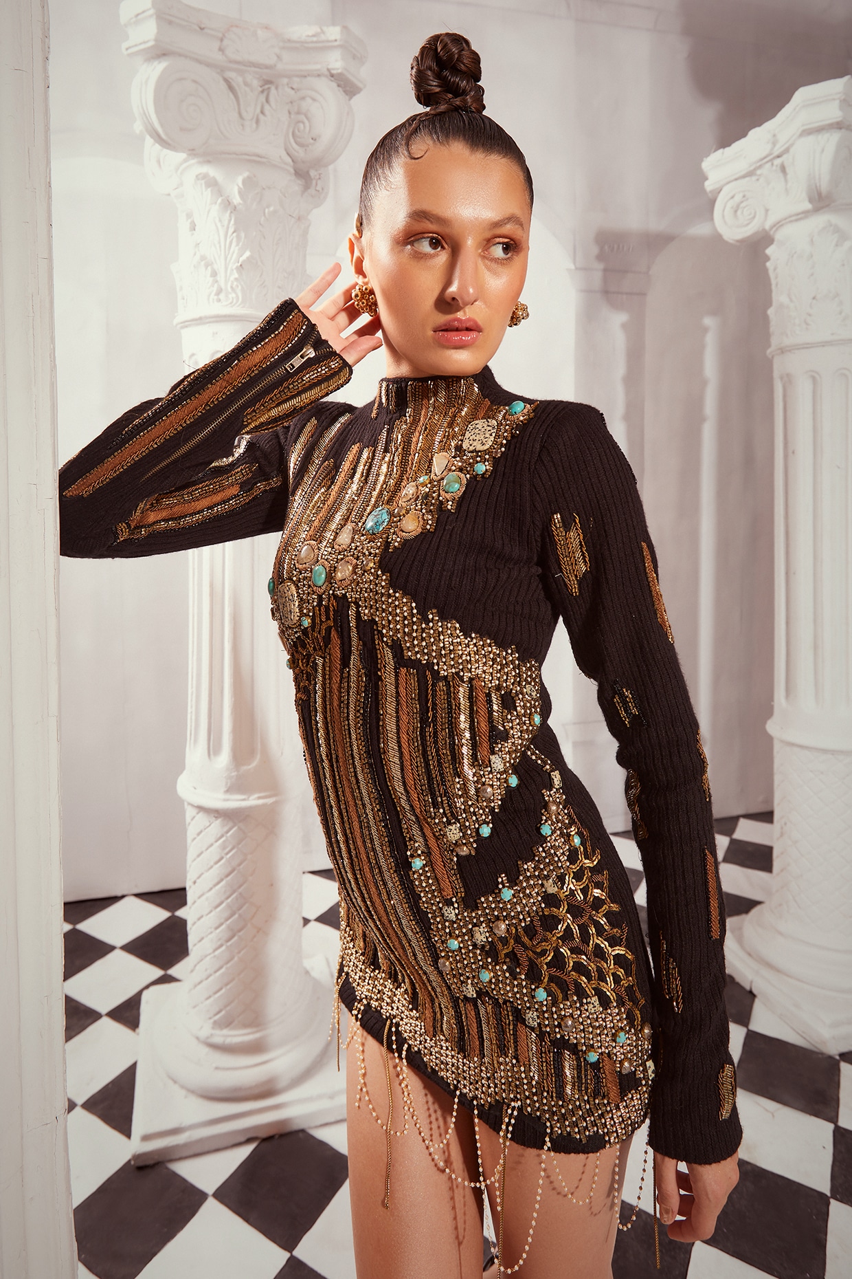 Black Knit Hand Embroidered Mini Dress by Nikita Mhaisalkar at