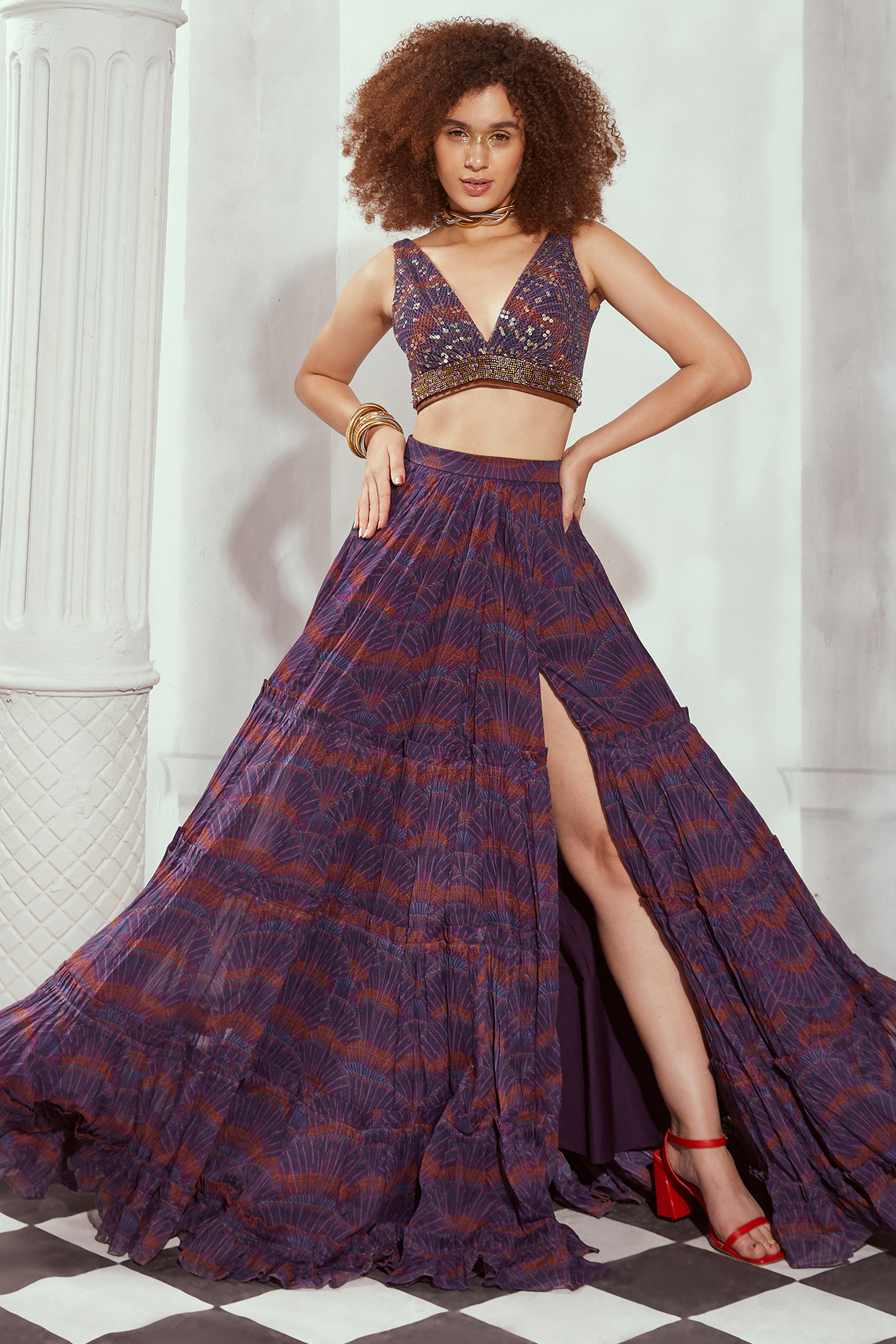 Purple Organdy Digital Printed Layered Skirt by Nikita Mhaisalkar at Pernia's Pop Up Shop