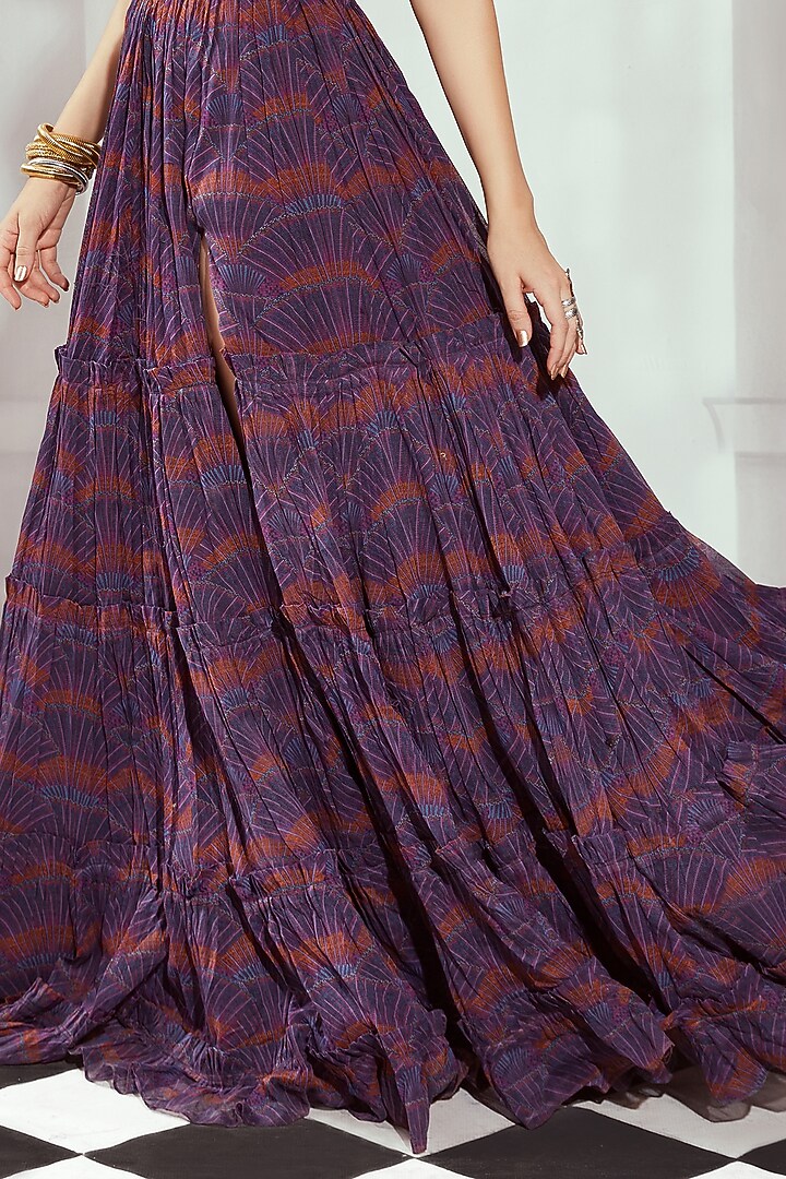 Purple Organdy Digital Printed Layered Skirt by Nikita Mhaisalkar at Pernia's Pop Up Shop
