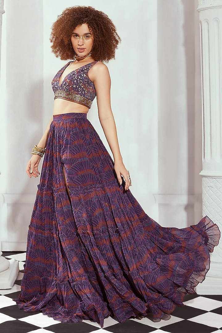 Purple Organdy Digital Printed Layered Skirt by Nikita Mhaisalkar at Pernia's Pop Up Shop