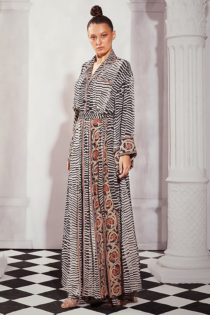 Black & White Double Georgette Digital Printed Slit Maxi Cocktail Dress by Nikita Mhaisalkar at Pernia's Pop Up Shop