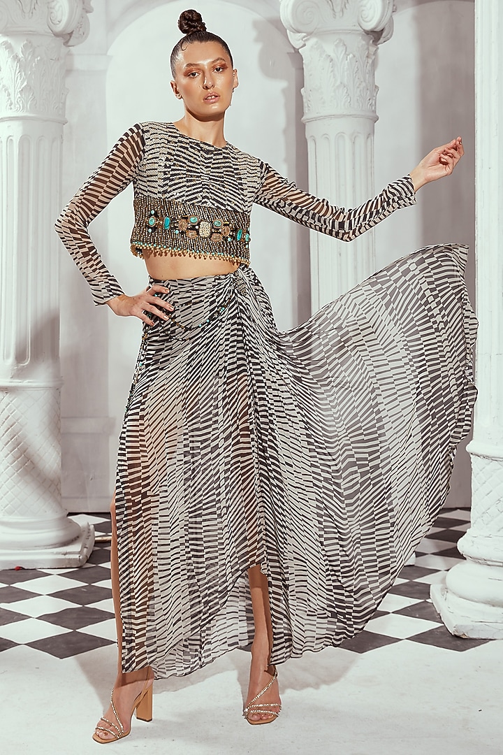 Black & White Georgette Digital Printed Skirt Set by Nikita Mhaisalkar at Pernia's Pop Up Shop