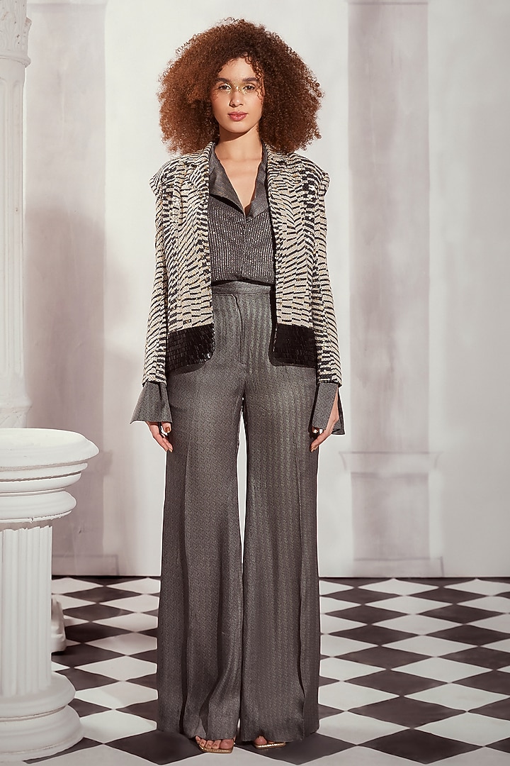 Black & White Sheeted Pure Georgette Hand Embellished Blazer by Nikita Mhaisalkar at Pernia's Pop Up Shop
