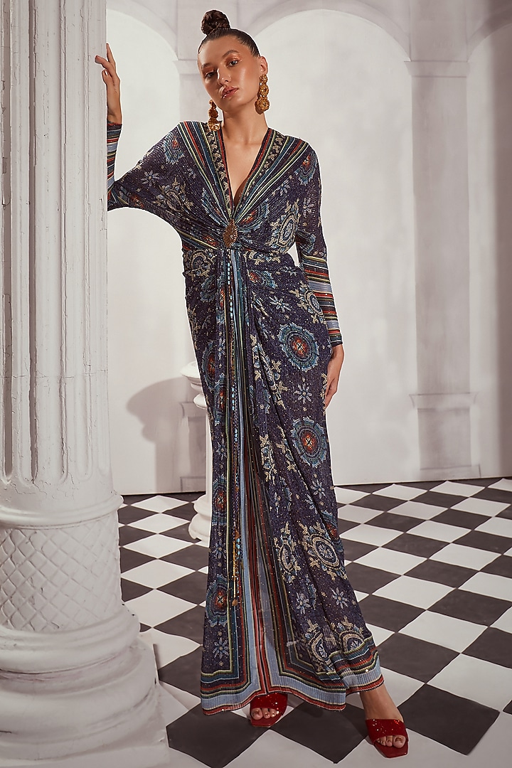 Blue Sequins Pure Georgette Digital Printed Draped Maxi Dress by Nikita Mhaisalkar