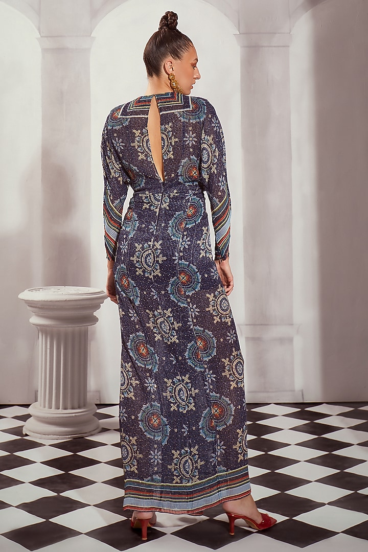 Blue Sequins Pure Georgette Digital Printed Draped Maxi Party Wear Dress by Nikita Mhaisalkar at Pernia's Pop Up Shop