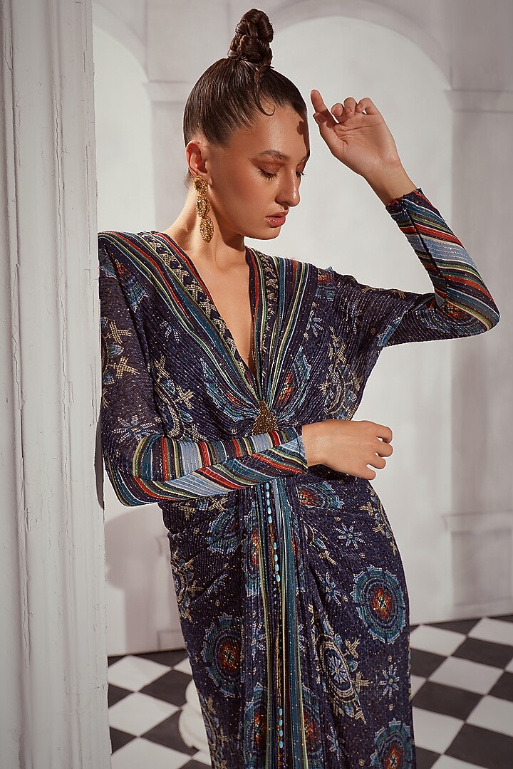 Blue Sequins Pure Georgette Digital Printed Draped Maxi Party Wear Dress by Nikita Mhaisalkar at Pernia's Pop Up Shop