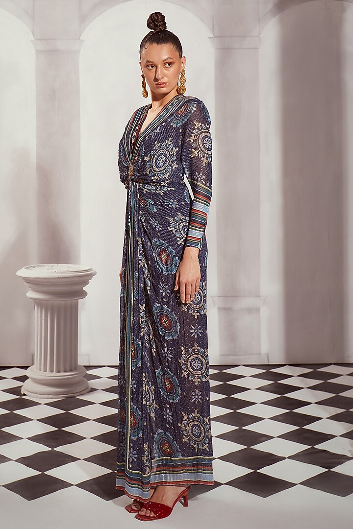 Blue Sequins Pure Georgette Digital Printed Draped Maxi Party Wear Dress by Nikita Mhaisalkar at Pernia's Pop Up Shop