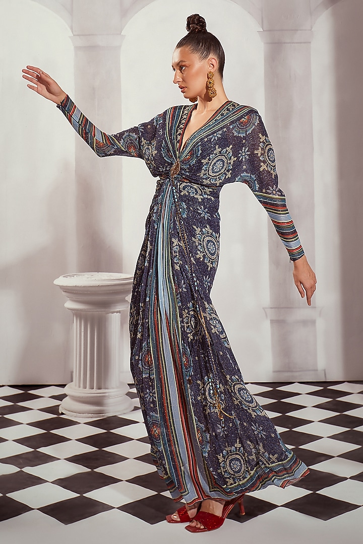 Blue Sequins Pure Georgette Digital Printed Draped Maxi Party Wear Dress by Nikita Mhaisalkar at Pernia's Pop Up Shop