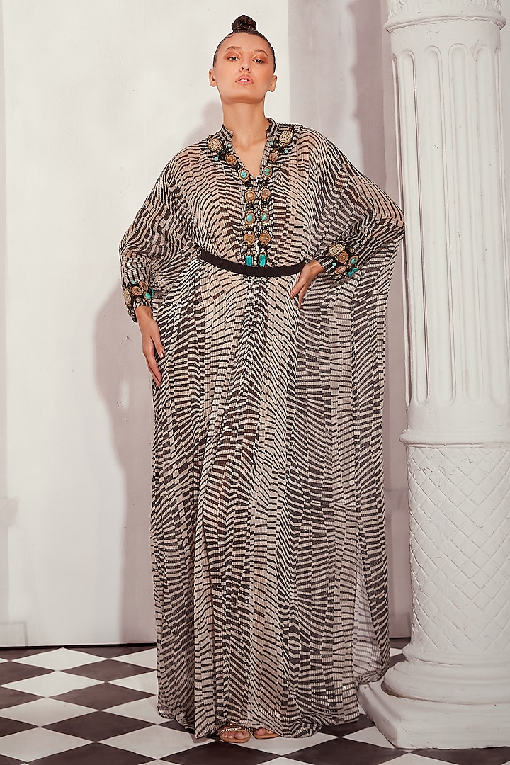 Black & White Sequins Pure Georgette Digital Printed Kaftan by Nikita Mhaisalkar