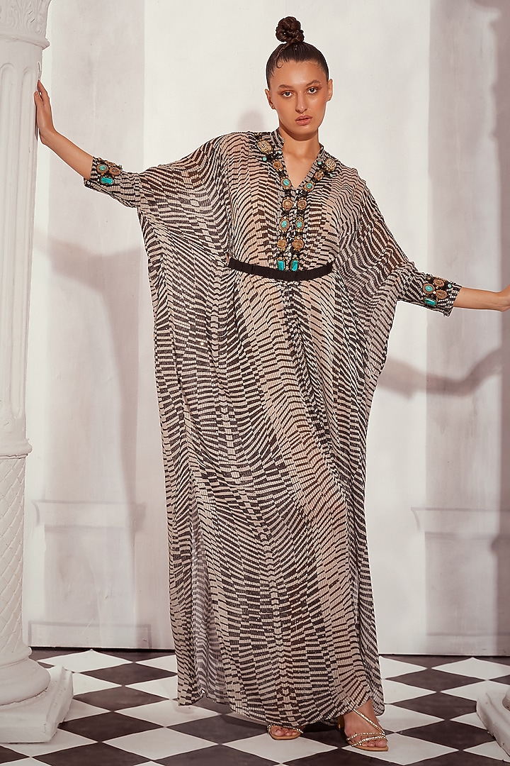 Black & White Sequins Pure Georgette Digital Printed Kaftan by Nikita Mhaisalkar at Pernia's Pop Up Shop