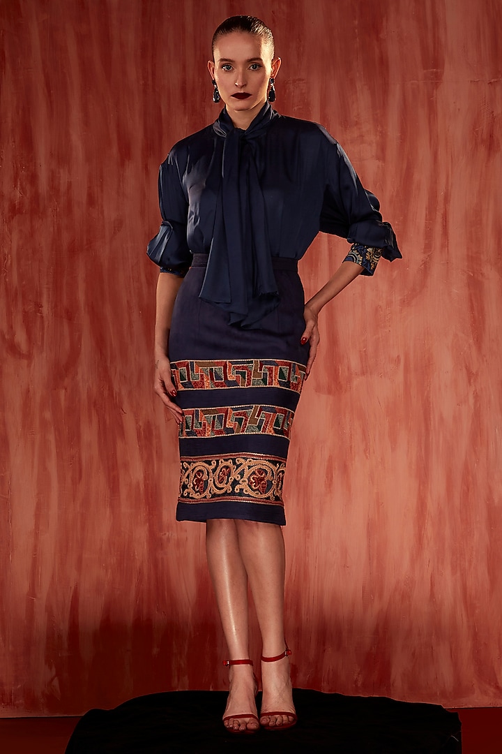 Blue Faux Suede Thread Embroidered Pencil Skirt by Nikita Mhaisalkar at Pernia's Pop Up Shop