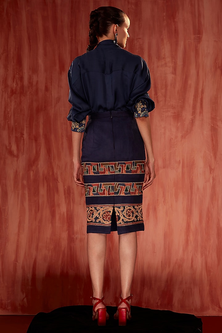Blue Faux Suede Thread Embroidered Pencil Skirt by Nikita Mhaisalkar at Pernia's Pop Up Shop