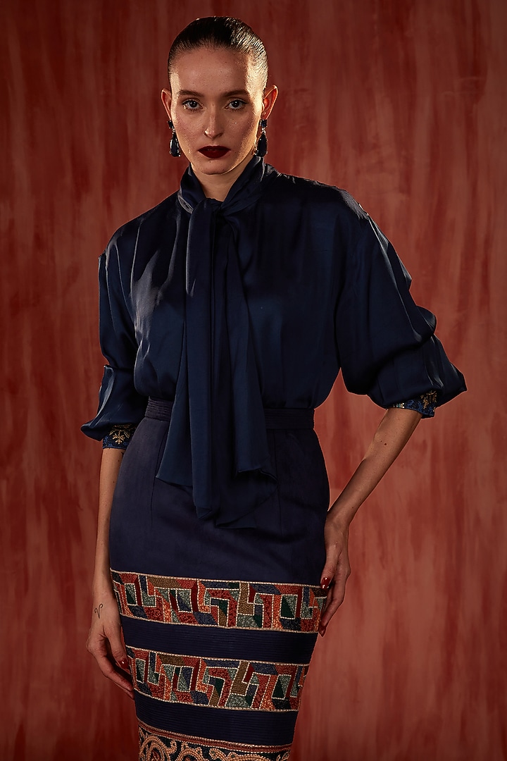 Blue Faux Suede Thread Embroidered Pencil Skirt by Nikita Mhaisalkar at Pernia's Pop Up Shop
