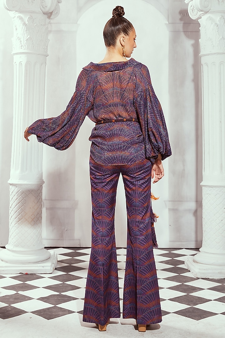 Multi-Colored Silk Satin Digital Printed Flared Trousers by Nikita Mhaisalkar at Pernia's Pop Up Shop