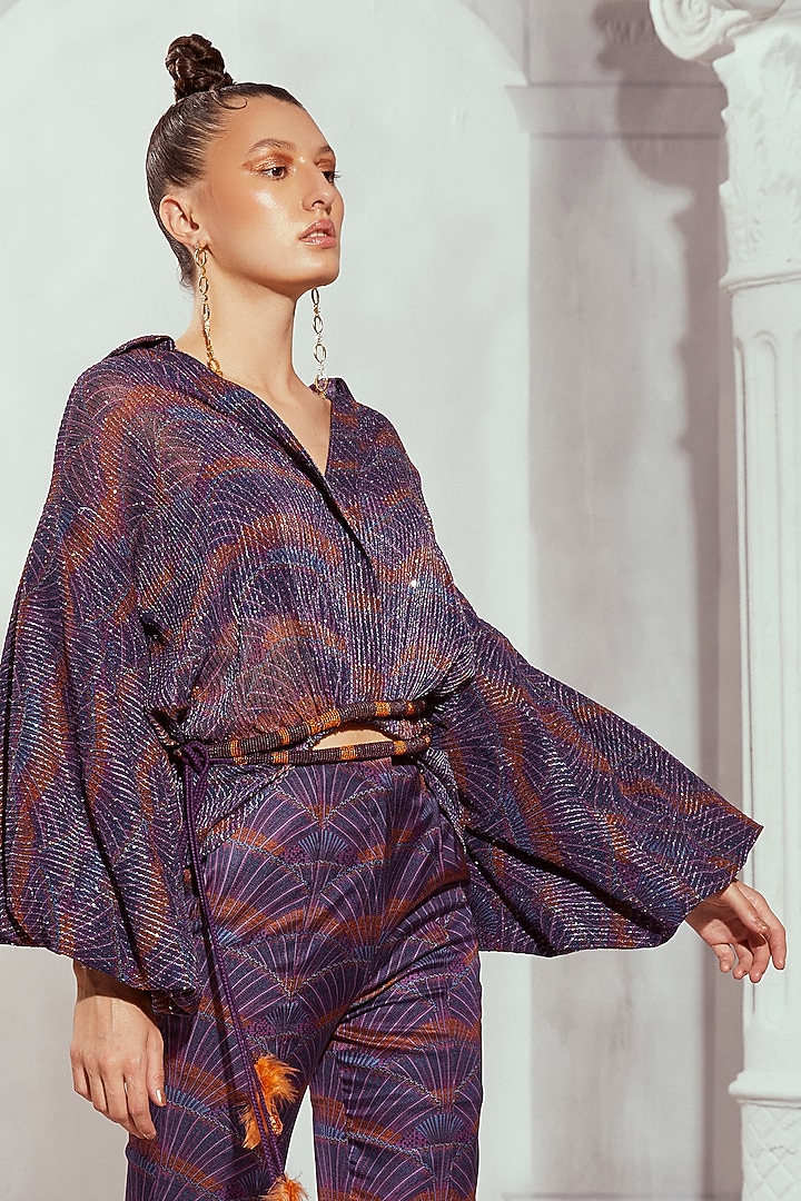 Multi-Colored Silk Satin Digital Printed Flared Trousers by Nikita Mhaisalkar at Pernia's Pop Up Shop