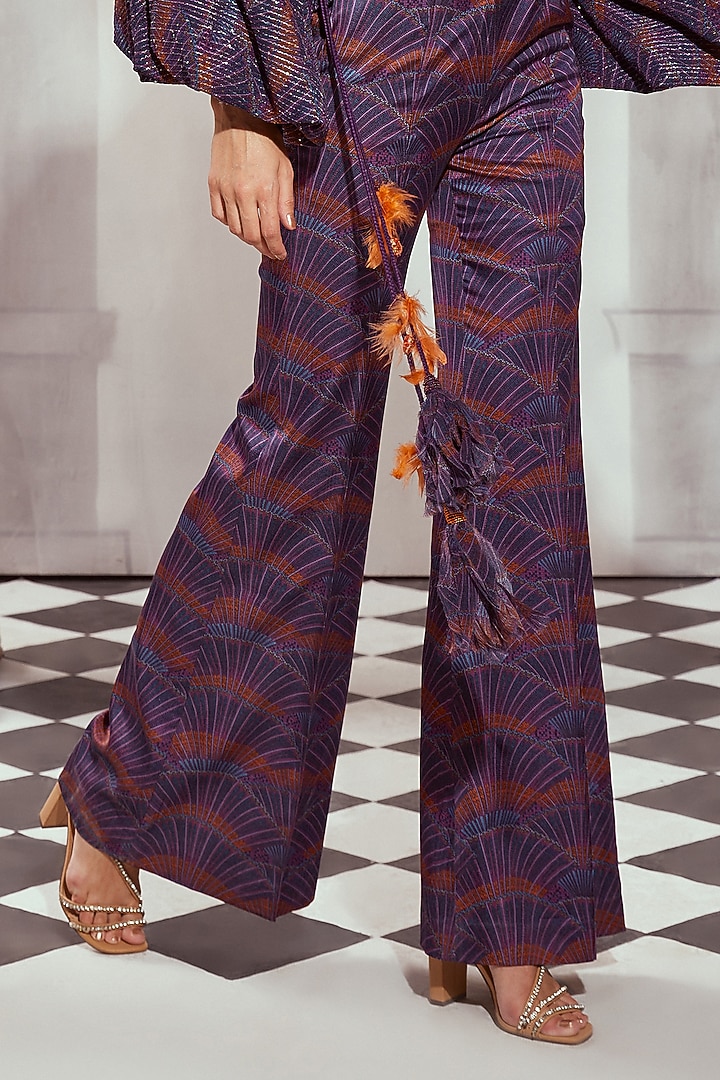 Multi-Colored Silk Satin Digital Printed Flared Trousers by Nikita Mhaisalkar at Pernia's Pop Up Shop