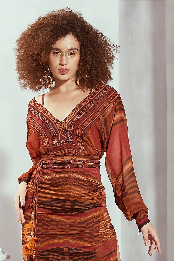 Orange Silk Satin Digital Printed Asymmetrical Skirt by Nikita Mhaisalkar at Pernia's Pop Up Shop