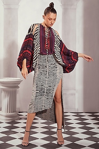 Black & White Double Georgette Digital Printed High-Waist Asymmetrical Skirt by Nikita Mhaisalkar