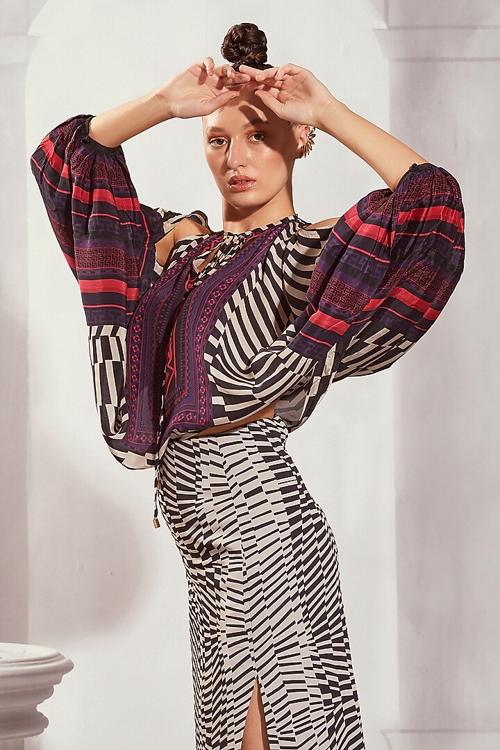 Black & White Double Georgette Digital Printed High-Waist Asymmetrical Skirt by Nikita Mhaisalkar at Pernia's Pop Up Shop