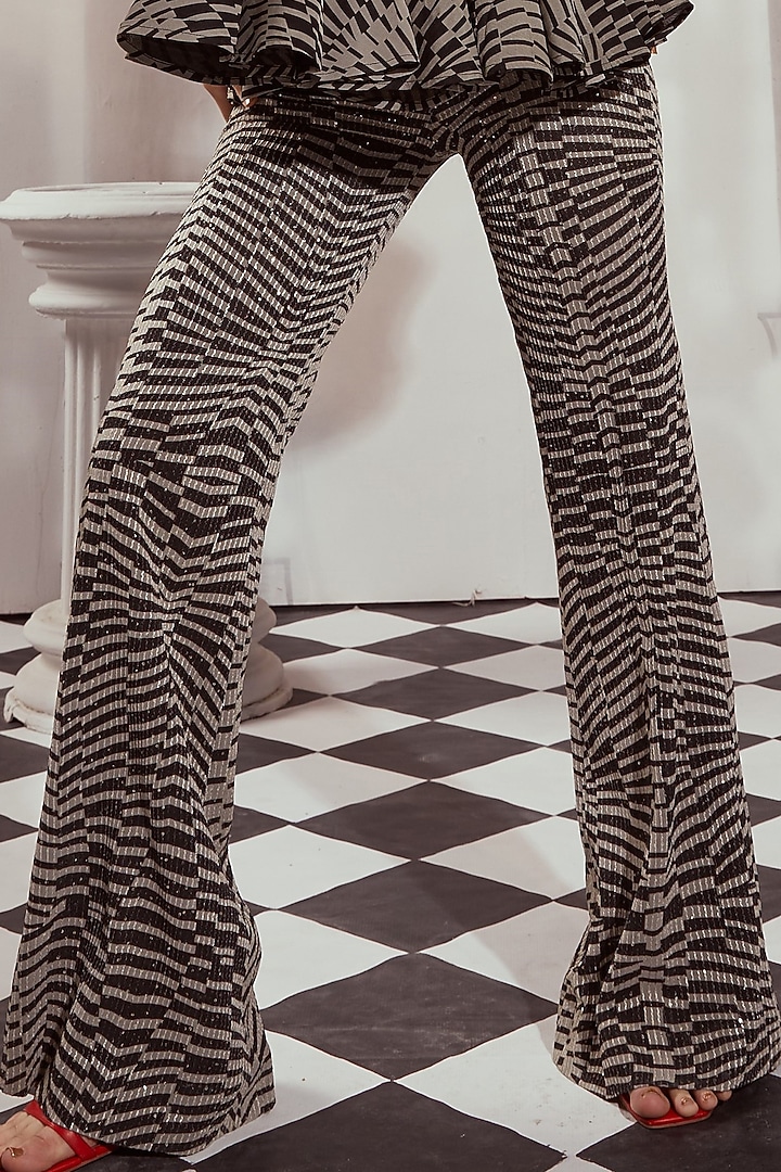 Black & White Sequins Pure Georgette Digital Printed Flared Pants by Nikita Mhaisalkar at Pernia's Pop Up Shop