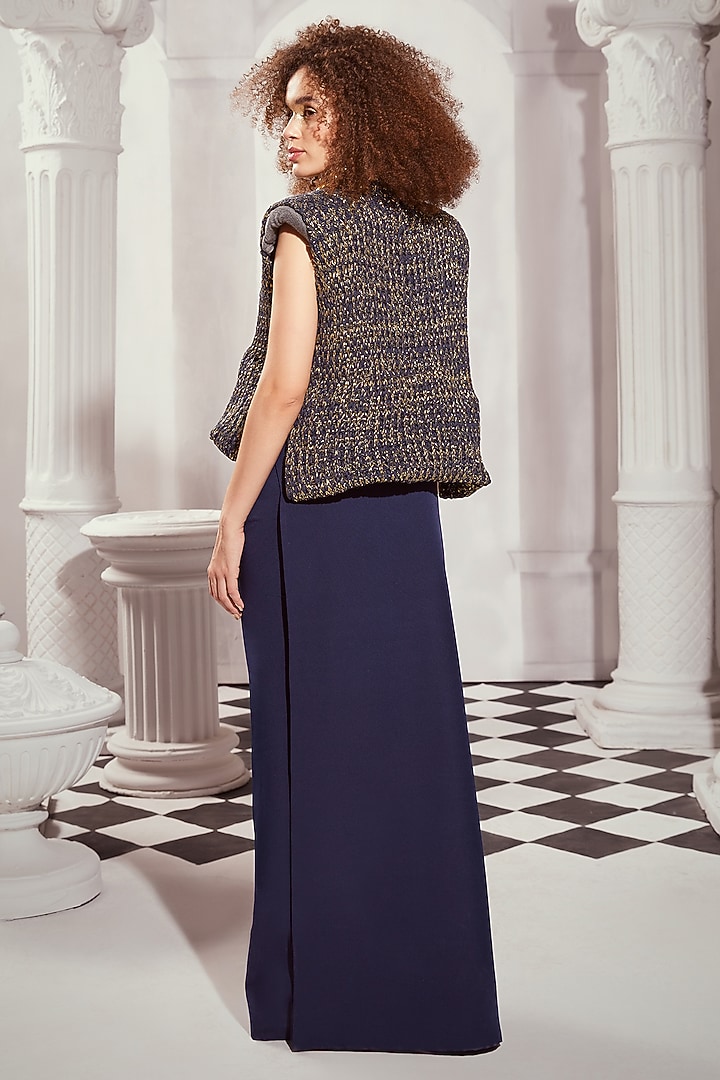 Navy Blue Silk Crepe Round-Up Pants by Nikita Mhaisalkar at Pernia's Pop Up Shop