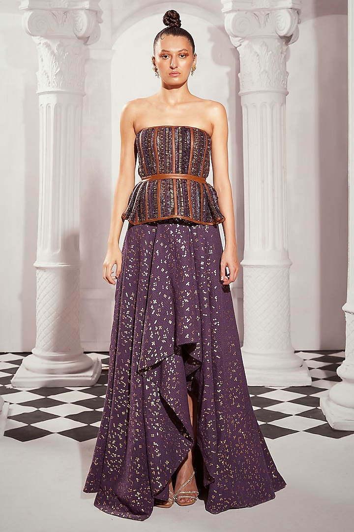 Aubergine Sheeted Pure Georgette Digital Printed Asymmetrical Skirt by Nikita Mhaisalkar