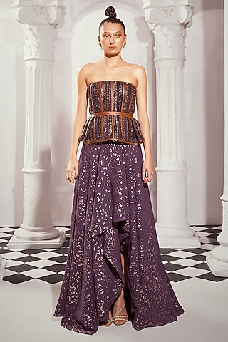 Aubergine Sheeted Pure Georgette Digital Printed Asymmetrical Skirt by Nikita Mhaisalkar
