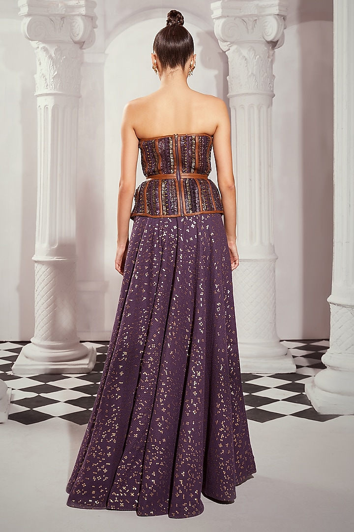 Aubergine Sheeted Pure Georgette Digital Printed Asymmetrical Skirt by Nikita Mhaisalkar at Pernia's Pop Up Shop