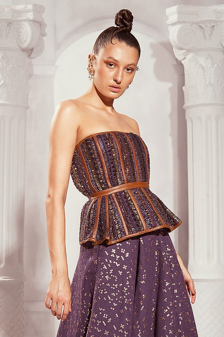 Aubergine Sheeted Pure Georgette Digital Printed Asymmetrical Skirt by Nikita Mhaisalkar at Pernia's Pop Up Shop
